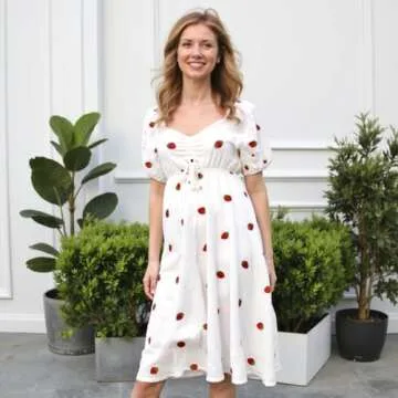 Strawberry Print Milk Maid Midi Dress, Cottagecore Lolita Fruit Pattern Aesthetic, Vintage Cottage Core Milkmaid Summer Dresses with Puff Sleeves