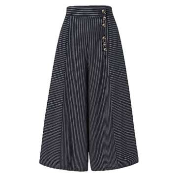 AOBRICON Wide Leg Pants Fashion Striped Print Women Retro Summer Loose Button Trousers Casual High Waist Trousers White