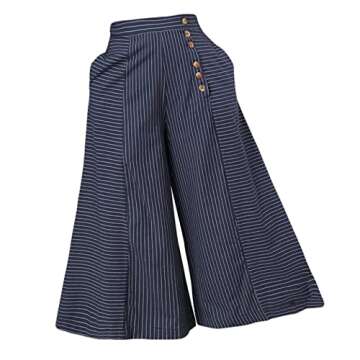 AOBRICON Wide Leg Pants Fashion Striped Print Women Retro Summer Loose Button Trousers Casual High Waist Trousers White