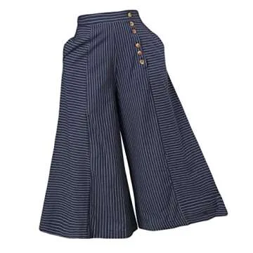 AOBRICON Wide Leg Pants Fashion Striped Print Women Retro Summer Loose Button Trousers Casual High Waist Trousers White