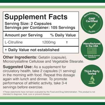 L Citrulline Capsules 1,200mg Per Serving, 210 Count (L-Citrulline Increases Levels of L-Arginine, A...