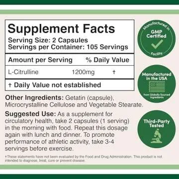 L Citrulline Capsules 1,200mg Per Serving, 210 Count (L-Citrulline Increases Levels of L-Arginine, A...