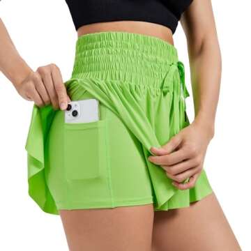 Flowy Womens Athletic Shorts High Waisted Gym Yoga Workout Running Butterfly Tennis Sports Acitve Skort Skirt with Pockets Spandex Sweat Pants Cute Lounge Trendy Clothes Summer Outfits Neon Green M