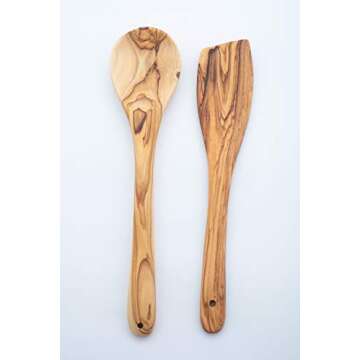 Handcrafted Olive Wood Cooking Spoon & Spatula (10 Inch Set of 2 Pieces) Carved by Talented Artists ...