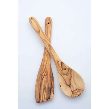 Handcrafted Olive Wood Cooking Spoon & Spatula (10 Inch Set of 2 Pieces) Carved by Talented Artists in Bethlehem, Practical Wooden Utensils Last for So Long, Resistant of Scratch