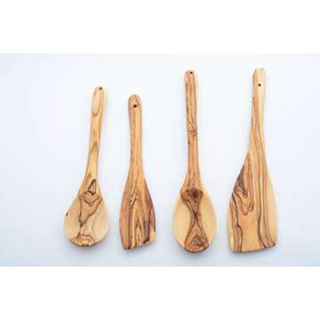 Handcrafted Olive Wood Cooking Spoon & Spatula (10 Inch Set of 2 Pieces) Carved by Talented Artists in Bethlehem, Practical Wooden Utensils Last for So Long, Resistant of Scratch