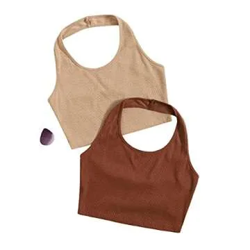 SweatyRocks Women's 2 Pack Basic Rib Knit Crop Halter Top Sleeveless Vest Multicoloured M