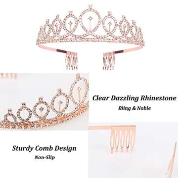 CAVETEE Birthday Crown and Sash for Women Birthday Queen Sash & Rhinestone Tiara Set and Sashes for Decorations Rose Gold Birthday Queen