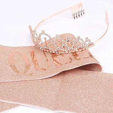 CAVETEE Birthday Crown and Sash for Women Birthday Queen Sash & Rhinestone Tiara Set and Sashes for Decorations Rose Gold Birthday Queen