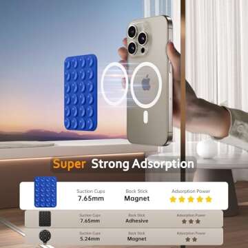 SuydanBox Magnetic Suction Cup Phone Mount, Anti-Slip Hands-Free Silicone Phone Holder, Compatible with MagSafe Phone Case for iPhone Pro Max 15/14/13/12 Series,Mirror Shower Holder for Selfies(Blue)