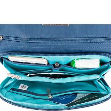 Travelon Anti-Theft Quilted North South Bag - Medium Nylon Crossbody for Travel & Everyday - (Smoke/Teal Interior)