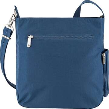 Travelon Anti-Theft Quilted North South Bag - Medium Nylon Crossbody for Travel & Everyday - (Smoke/Teal Interior)