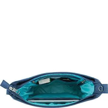 Travelon Anti-Theft Quilted North South Bag - Medium Nylon Crossbody for Travel & Everyday - (Smoke/Teal Interior)