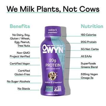 OWYN 100% Vegan Plant-Based Protein Shake, Cookies & Creamless, 4 Pack, with 20g Plant Protein, Omega-3, Prebiotic Supplements, Superfoods Greens Blend, Gluten-Free, Soy-Free, Non-GMO