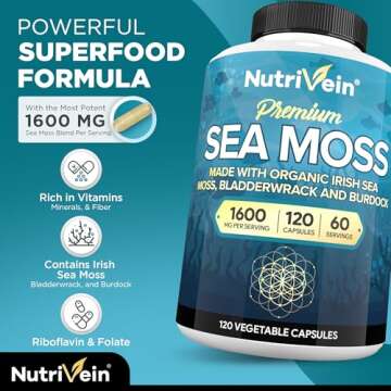 Nutrivein Organic Sea Moss 1600mg Plus Bladderwrack & Burdock - 120 Capsules - Prebiotic Super Food Boosts The Immune System & Digestive Health - Thyroid, Healthy Skin, Keto Detox, Gut, Joint Support