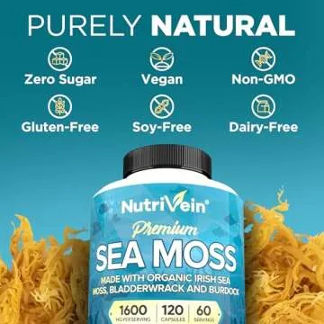 Nutrivein Organic Sea Moss 1600mg Plus Bladderwrack & Burdock - 120 Capsules - Prebiotic Super Food Boosts The Immune System & Digestive Health - Thyroid, Healthy Skin, Keto Detox, Gut, Joint Support