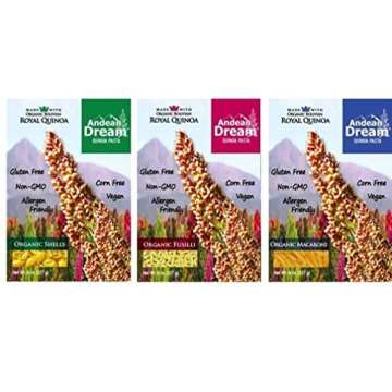 Andean Dream Organic Vegan Gluten Free Quinoa Pasta 3 Flavor Variety Bundle: (1) Andean Dream Shells, (1) Andean Dream Fusilli, and (1) Andean Dream Macaroni, 8 Oz. Ea.