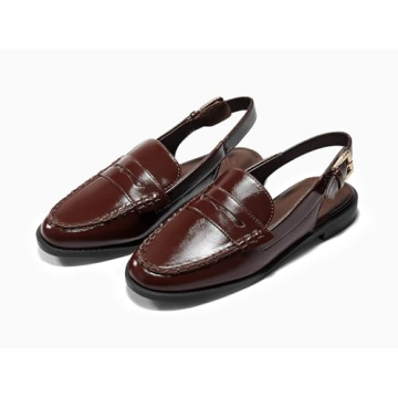 Coutgo Women's Slingback Loafers Comfortable Pointed Toe Chunky Low Heel Adjustable Buckle Strap Flat Shoes,Red&Brown,size7.5