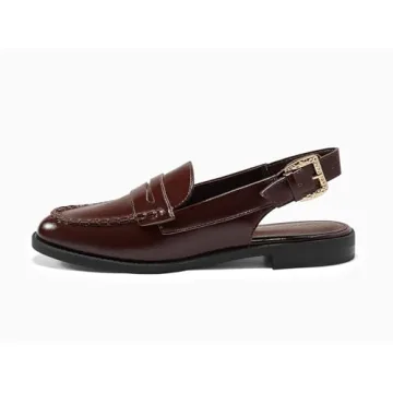 Coutgo Women's Slingback Loafers Comfortable Pointed Toe Chunky Low Heel Adjustable Buckle Strap Flat Shoes,Red&Brown,size7.5