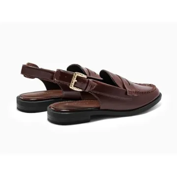 Coutgo Women's Slingback Loafers Comfortable Pointed Toe Chunky Low Heel Adjustable Buckle Strap Flat Shoes,Red&Brown,size7.5