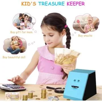 Face Bank, Piggy Bank Coin Eater Funny Bank, sunsbell Money Eating Coin Bank Piggy Bank Boalord, Battery Powered Money Saving Box, Wacky Coin Jar Face Coin Bank - Blue