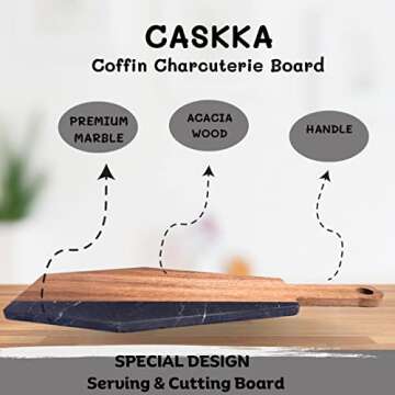 CASKKA Marble and Acacia Wood Coffin Charcuterie Board - Coffin Shaped Charcuterie Board - Coffin Tray - Coffin Serving Tray - Halloween Charcuterie Board - Charcuterie Boards with Handle
