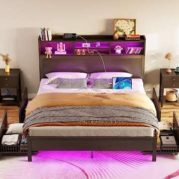 Rolanstar Queen Bed Frame with Storage Headboard, Metal Platform Charging Station, LED 4 Drawers, Bo...