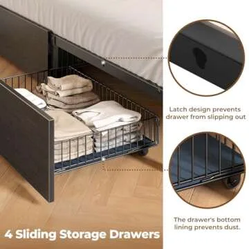 Rolanstar Queen Bed Frame with Storage Headboard, Metal Platform Charging Station, LED 4 Drawers, Bookcase Storage, No Box Spring Needed, Easy Assembly, Noise-Free, Black