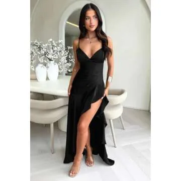 Memoriesea Women's Sexy Satin V Neck High Slit Ruffle Hem Party Evening Maxi Dress