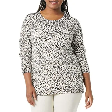 Amazon Essentials Women's Long-Sleeve Lightweight Crewneck Sweater (Available in Plus Size), White Cheetah Print, Large