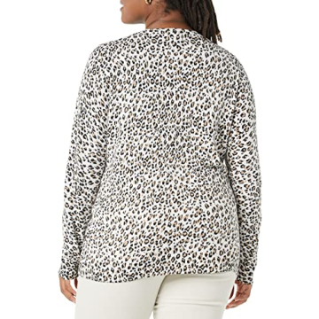 Amazon Essentials Women's Long-Sleeve Lightweight Crewneck Sweater (Available in Plus Size), White Cheetah Print, Large
