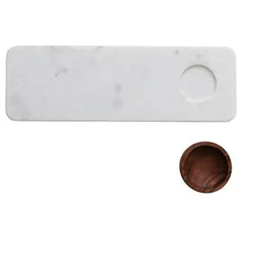 Creative Co-Op Modern Marble Charcuterie Acacia Wood Bowl, White and Brown Cheese/Cutting Board, Large