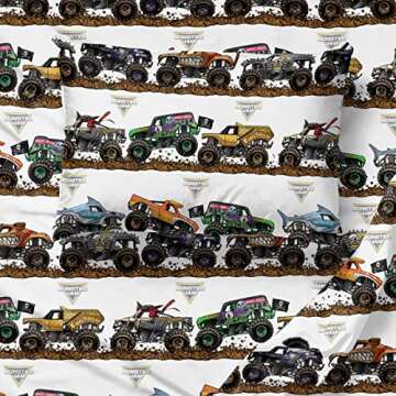 Jay Franco Monster Jam Tracks Twin Sheet Set - 3 Piece Set Super Soft and Cozy Kid’s Bedding Features Grave Digger & Megalodon - Fade Resistant Microfiber Sheets