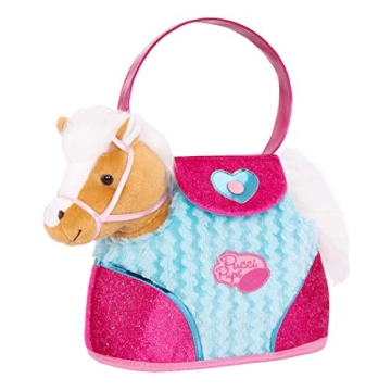 Pucci Pups Plush Horse Set - 10" Beige Horse with Blue Stripes & Pink Pony Bag