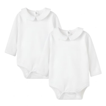 Pureborn 2-Pack Unisex Baby Bodysuit Peter Pan Collar Solid Baptism Long Sleeve White 18-24 Months