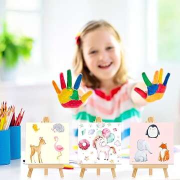 32 Pack, 5 x 5 Inch Mini Canvases with Easel Sets for Painting Small Art Stretched Canvases Panels Pack with Wood Display Easel for Kids Classroom Crafts Back to School Painting Parties Easter Gift