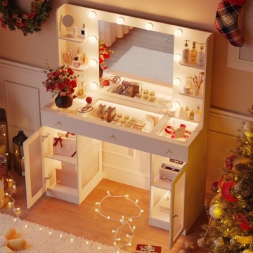 Elegant Makeup Vanity with Glass Top & Adjustable LED Lights, Spacious Storage for Bedroom