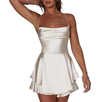 LouVasabuce Women Sexy Backless Short Romper Satin Dress Cowl Neck Tie Ruffle Layer Spaghetti Strap Jumpsuit Mini Dress (Champagne, S)