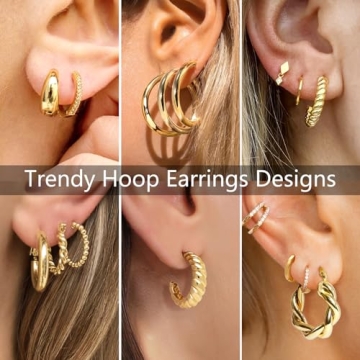Adoyi Gold Hoop Earrings Set for Women Girls Gold Hoops Twisted Huggie Hoops Earrings 14K Plated Gold Hoop Earring Jewelry Set for Women Girl Lightweight 9 Pairs Earring Set Jewelry for Gifts