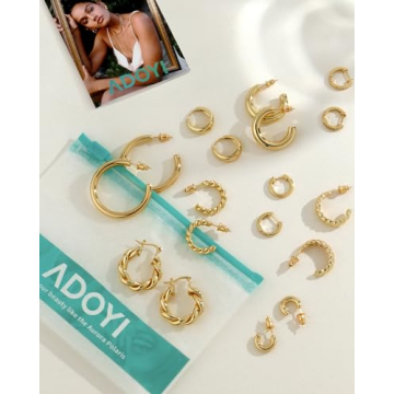 Adoyi Gold Hoop Earrings Set for Women Girls Gold Hoops Twisted Huggie Hoops Earrings 14K Plated Gold Hoop Earring Jewelry Set for Women Girl Lightweight 9 Pairs Earring Set Jewelry for Gifts
