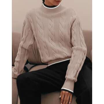 ZESICA Women's Casual Long Sleeve Mock Neck Cable Knit Contrast Color Fall Winter Chunky Pullover Sw...