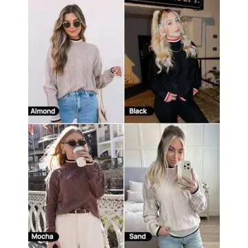 ZESICA Women's Casual Long Sleeve Mock Neck Cable Knit Contrast Color Fall Winter Chunky Pullover Sweater,Almond,Small