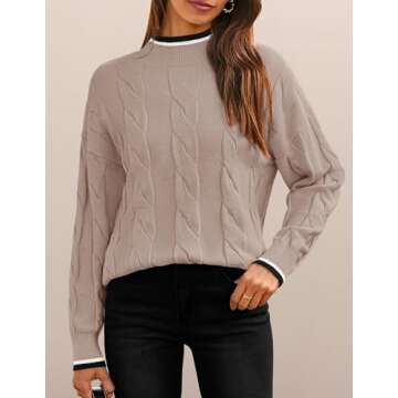 ZESICA Women's Casual Long Sleeve Mock Neck Cable Knit Contrast Color Fall Winter Chunky Pullover Sweater,Almond,Small