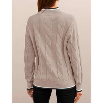 ZESICA Women's Casual Long Sleeve Mock Neck Cable Knit Contrast Color Fall Winter Chunky Pullover Sweater,Almond,Small