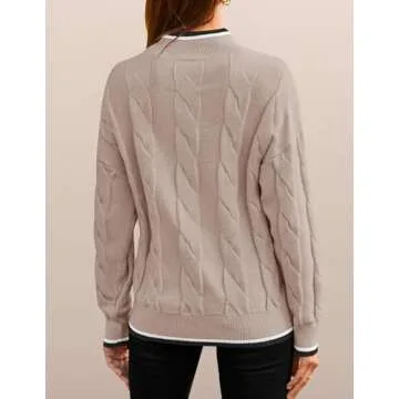 ZESICA Women's Casual Long Sleeve Mock Neck Cable Knit Contrast Color Fall Winter Chunky Pullover Sweater,Almond,Small