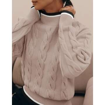 ZESICA Women's Casual Long Sleeve Mock Neck Cable Knit Contrast Color Fall Winter Chunky Pullover Sweater,Almond,Small