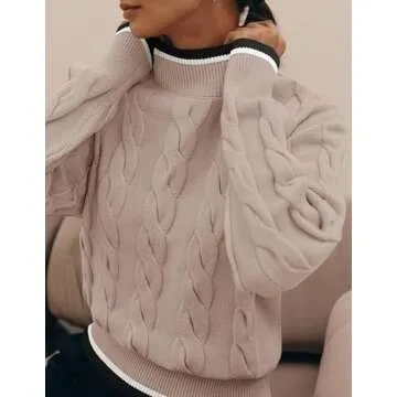 ZESICA Women's Casual Long Sleeve Mock Neck Cable Knit Contrast Color Fall Winter Chunky Pullover Sweater,Almond,Small