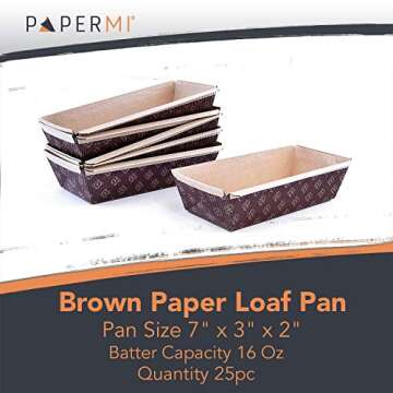 Paper Baking Loaf Pans – 25pcs, 7” x 3” x 2”, 16oz – Microwave, Freezer & Oven Safe up to 390° F – Disposable, Grease Resistant & Eco-Friendly Paper Bread Pan – for Runny, Thick, & Dough Batter