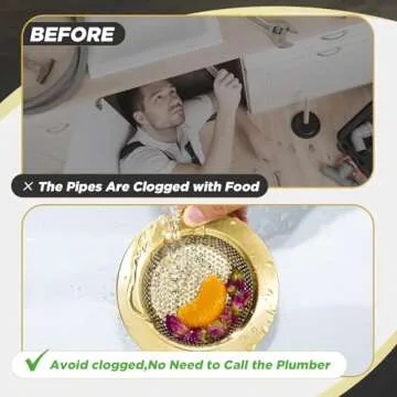 Mudder 3 Pcs Kitchen Sink Drain Strainer and Stopper Stainless Steel Garbage Disposal Plug with Handle Universal Anti-Clogging Kitchen Sink Filter Sieve Basket Strainer(Brushed Gold)