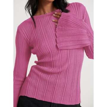Cicy Bell Womens Bell Long Sleeve Tops Going Out Knitted Fall Pullover Lightweight Sweater Shirts Pink